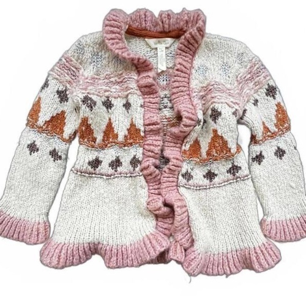 Matilda Jane Cardigan Sweater Pink Cream Fair Isle Ruffle Trim Size 4